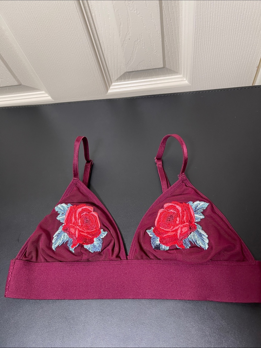PINK Victoria's Secret Wine Bralette with Red Rose Appliqués